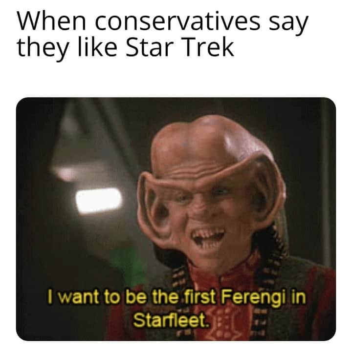 The meme is a humorous comparison between two groups of people. It features a picture of a character from the Star Trek franchise, and the text reads: "When conservatives say they love Star Trek, but actually mean they love the Klingon Empire's authoritarianism and militarism." The meme is poking fun at the idea that some people who claim to be fans of the Star Trek franchise are actually more interested in the show's more militaristic and authoritarian aspects, rather than its core values of exploration and cooperation.